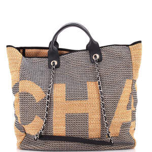 Chanel Large Deauville Logo Shopping Tote Printed Raffia